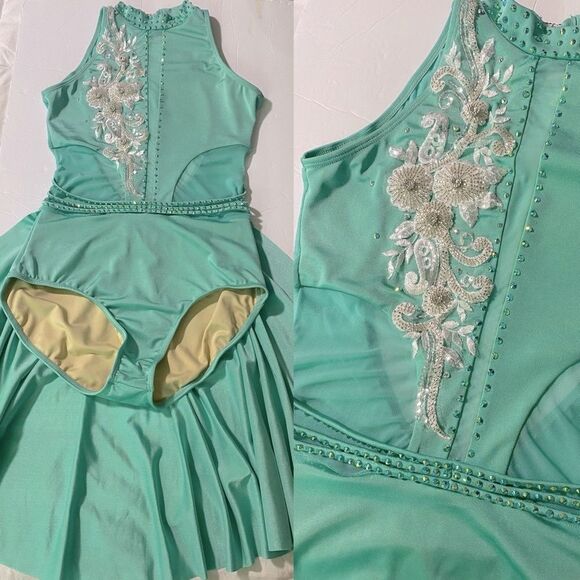 Glamour Custom solo dance costume lyrical mint aqua blue leotard stoned MA adult - Picture 1 of 11